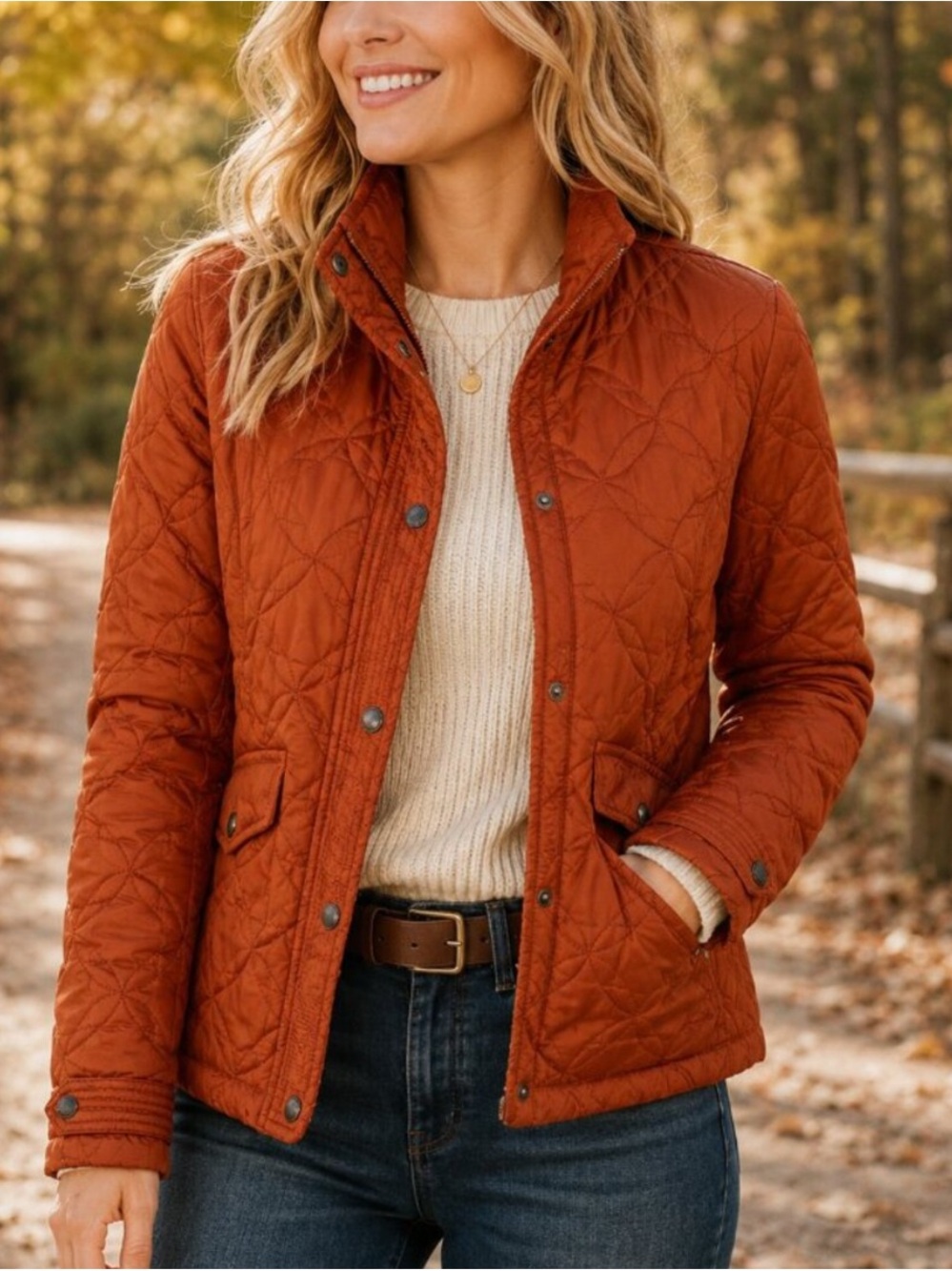 Lands End Quilted Puffer Lightweight Jacket Coat Rust Orange - L (14/16)